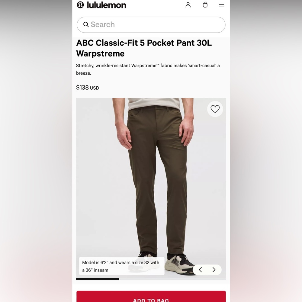 NWT Men’s Lululemon ABC Classic-Fit Pant 30” L Warpstreme